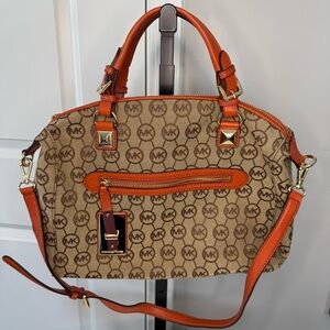 Michael Kors MK Logo Satchel Brown Orange Leather Trim Crossbody